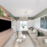 Modern living room with sofa, TV, and decor.