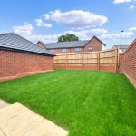 Bright green lawn in a fenced backyard.