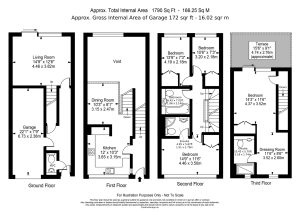 Four-storey house floor plan with measurements.