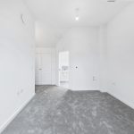 Spacious white room with grey carpet and lights.