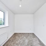 Empty white room, window view, natural light, carpeted floor.