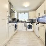 Modern white kitchen with appliances and hanging plants.