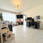 Spacious living room with desk and children's toys.