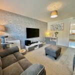 Modern living room with grey sofas and TV