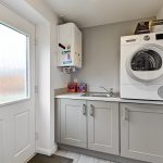Modern utility room with washing machine and sink.