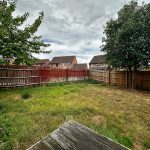 Residential garden with wooden fence and trees.