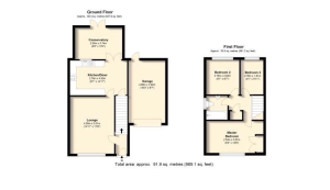 Two-storey house floor plan with dimensions.