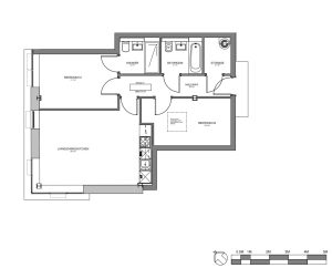 Flat floor plan with two bedrooms, kitchen, bathroom.