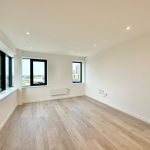 Modern empty room with wooden flooring and windows.