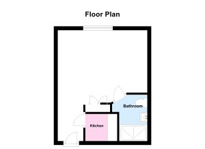 One-bedroom floor plan with kitchen and bathroom.