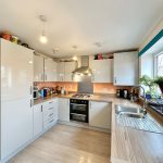 Modern kitchen with white cabinets and wooden countertops.