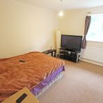 Bedroom with bed, television, and window view.