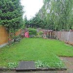 Small enclosed garden with trees and wooden fence