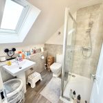 Modern bathroom with skylight, shower, and sink area.