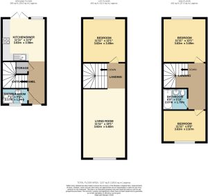 Three-floor home layout with dimensions.