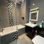 Modern bathroom with shower, bath, and sink.