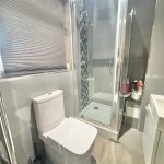 Modern bathroom with shower and toilet.