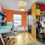 Modern home office with musical instruments and desk