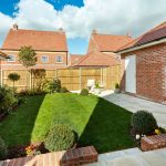 Sunny garden with freshly mowed lawn and patio.