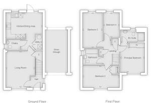 Two-storey house floor plan with drive-through garage.