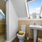 Modern bathroom with skylight and shower.