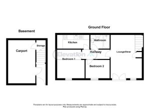 Two-bedroom floor plan with basement and carport.