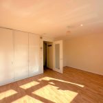 Bright empty room with wooden floor and wardrobe.