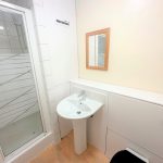 Small bathroom with shower, sink, and mirror.