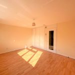 Sunlit empty room with wooden floor and wardrobe.
