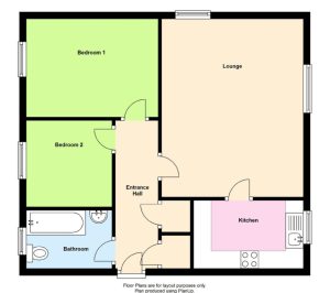 Two-bedroom flat floorplan with kitchen and lounge.