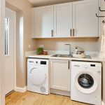 Modern laundry room with washing machine and dryer.