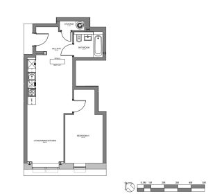 One-bedroom flat floor plan with bathroom and kitchen.