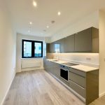 Modern kitchen with grey cabinets and wood flooring.