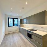 Modern kitchen with grey cabinets and wood flooring.