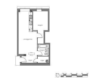 One-bedroom flat floor plan with bathroom and kitchen.