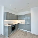 Modern minimalist kitchen with grey cabinets
