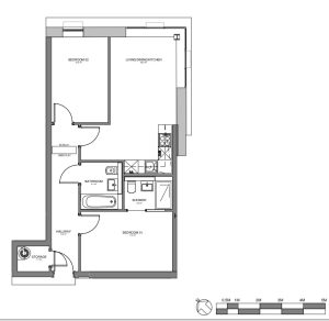 Two-bedroom flat floor plan with bathroom and kitchen.