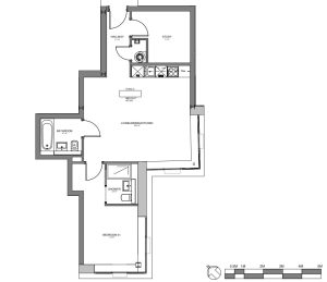 Flat floor plan with kitchen and bedroom layout.