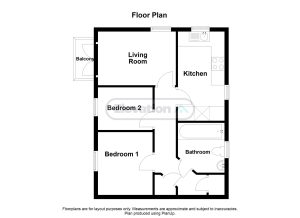 Two-bedroom flat floor plan with balcony.