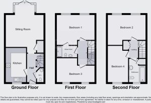 Three-floor house layout with four bedrooms.