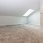 Empty attic room with skylight and carpet
