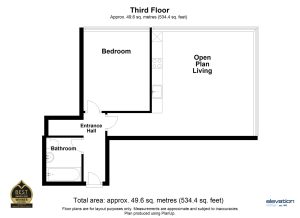 Third floor flat layout with bedroom, open living.