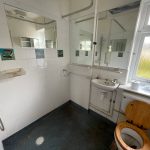Small bathroom with toilet, sink, and shower area.
