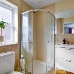 Modern bathroom with shower and window plant.