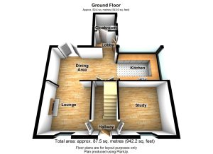 3D ground floor plan with labelled rooms.