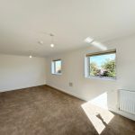 Spacious room with beige carpet and two windows.