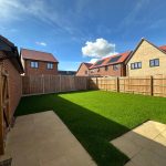 Sunny garden with new-build houses and wooden fence.