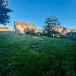 Spacious garden behind red brick house