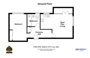 Ground floor layout with bedroom, bathroom, living area.