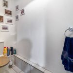 Bathroom with decorated walls and cleaning supplies.